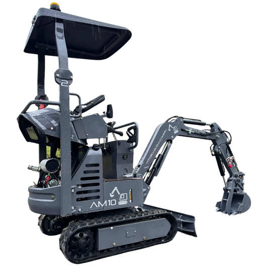 Grey AM10 1.0 Tonne Mini Excavator from Affordable Machinery_Angle - Rear Right with Engine Cover Open - Transparent
