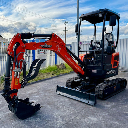 AM20 2.0T Mini Excavator — orange, full machine with Affordable Machinery decals