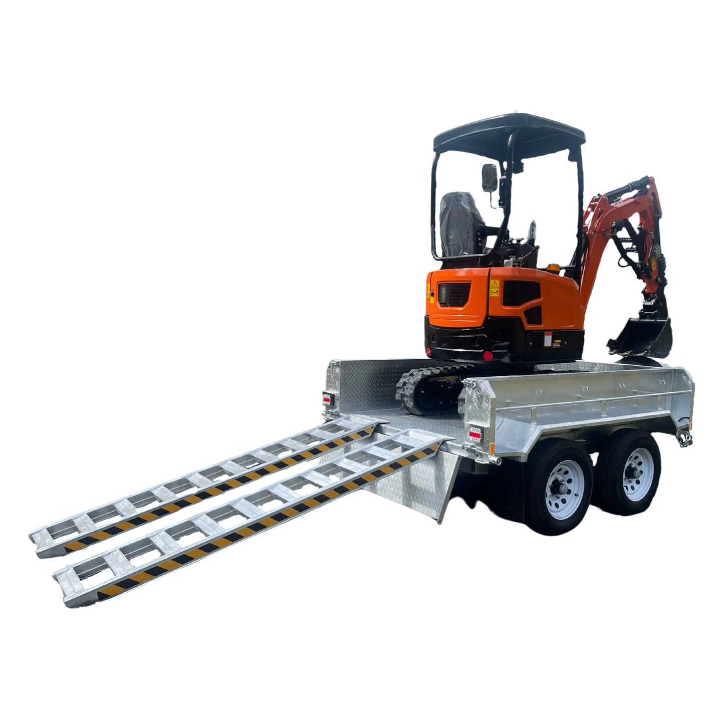Alloy Loading Ramps attached to a silver galvernised 8x4 trailer with orange 2 tonne mini excavator on it